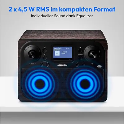 Produktbild von MEDION LIFE P66700 DAB+ Radio, DAB+/PLL-UKW Radio, 10,16 cm (4'') TFT-Display (dimmbar), Bluetooth 5.3, AMS, Wecker, kompaktes Holzgehäuse, 2 x 4,5 W RMS, Tragbar, Analog & Digital, DAB+, FM, PLL, 9 W, TFT, 10,2 cm (4")