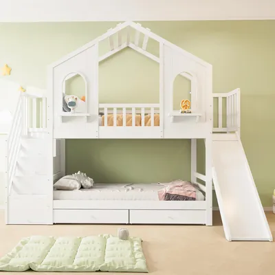 Productafbeelding van Kinderstapelbed 90 × 200 cm, huisbed met glijbaan, opbergladder, laden en planken, stapelbed met lattenbodem, kinderbed, wit