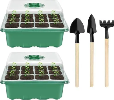 Produktbild von Famanu Mini-Gewächshaus Set - 2 Kunststoffkulturschalen mit Deckel und 3 Gartenwerkzeugen