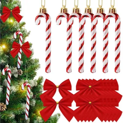 Produktbild von 18 Stück Zuckerstangen-Anhänger - Weihnachtsbaumschmuck - Glitzernde Zuckerstangen mit Schleifen - Christbaumschmuck - Hängedeko