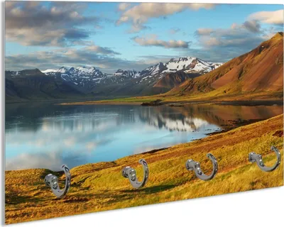 Produktbild von Wallario Schlüsselbrett aus Glas, Motiv: Bergpanorama mit Spiegelung im See, 30 x 20 cm mit 4 Haken