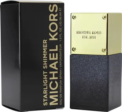 Michael Kors Starlight Shimmer Parfumflakon mit goldener Kappe und glitzernd schwarzem Körper neben passender schwarzer Box mit Goldschrift.
