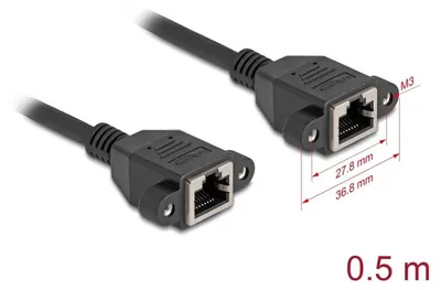 Produktbild von Delock Netzwerk Verlängerungskabel S/FTP RJ45 Buchse zu RJ45 Buchse Cat.6A flache Ausführung 0,5 m schwarz
