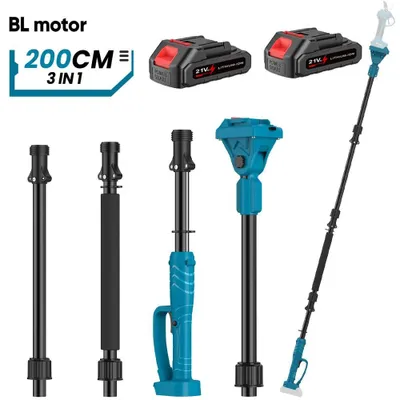 Obrázek produktu pro Prodlužovací tyč do zahrady – teleskopická tyč 2 m pro elektrické nůžky na větve a motorovou pilu – nastavitelná v úhlu 180° – pro 18V akumulátorové zahradní nářadí – se 2× akumulátorem