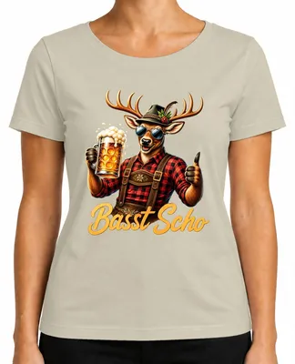 Productafbeelding van Basst Scho Hirsch: Lederhosen, bier, Wiesn, traditionele kleding, dames T-shirt, natuur, maat S