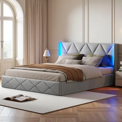 Zdjęcie produktu dla Łóżko tapicerowane Fortuna Lai 160x200cm, aksamit, z oświetleniem LED, zagłówkiem, podstawą łóżka i stelażem z listew, szare