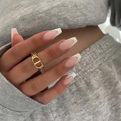Image de Ongles artificiels French Tip, 30 pièces, blancs, forme amande, type cercueil, en gel, à coller
