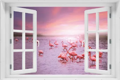 Produktbild von Wallario Wandbild mit Fenster-Illusion: Rosa Flamingos bei Sonnenuntergang, Größe: 61 x 91,5 cm, Poster mit rahmenlosen Bildhalter