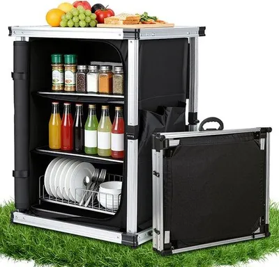 Image de Réchaud de camping avec 3 tiroirs et filet de rangement – 80 x 61 x 51 cm, pour le camping et la caravane