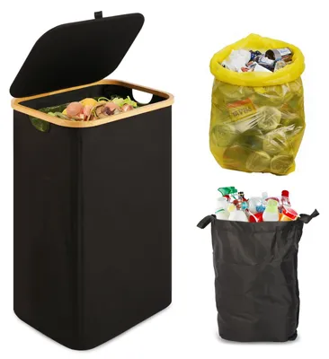 Obrázok produktu pre Stojan na vrecia 100 l, žltý, s vekom, umývateľné vnútorné vrece, suchý zips, skladací, do kuchyne