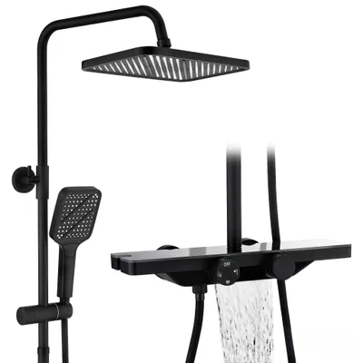 A black matte shower system with a rain shower head, a hand shower, and a thermostat control with a glass shelf.