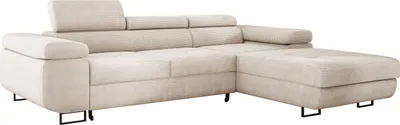 Produktbild von Wohnlandschaft mit Bettfunktion, Ecksofa Cord ADRIANO 202x277 cm, Eckcouch mit einstellbare Kopfstützen, Polsterecke, Sofa L - Rechts Cremig PS100