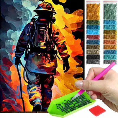 Produktbild von ARTULIO - Diamond Painting Set - Feuerwehrmann im bunten Rauch - 40 x 30 cm - Bilder DIY, Komplettset Mosaik + Zubehör