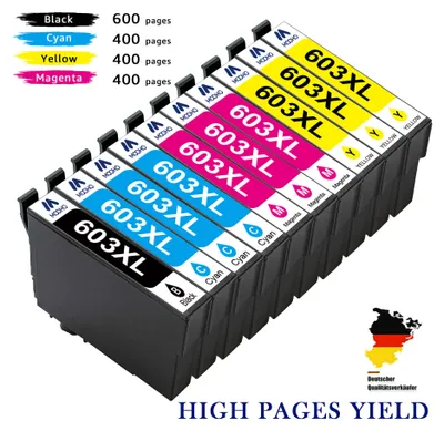 A collection of printer ink cartridges arranged in a diagonal line.