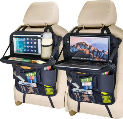 Immagine prodotto di Borsa portaoggetti per schienale sedile - Organizer per sedile posteriore - 2 pezzi - Grande capienza - Numerosi scomparti - Tavolino ribaltabile e supporto per tablet - Da appendere - Nero