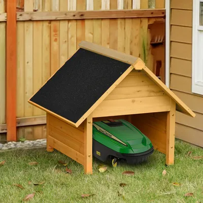 Produktbild von SUGIFT Mähroboter Garage aus Massivholz, Holzgarage Rasenmäher Carport, Tannenholz, Gelb | 75 x 76 x 70 cm | Bitumenfilz-Dach | 10,5 kg