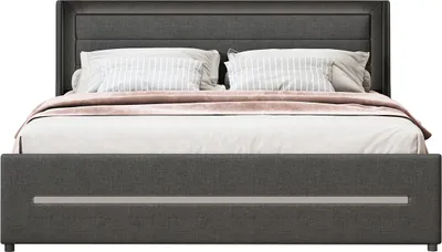 Produktbild von Polsterbett mit farbwechselnder LED-Beleuchtung vier Ablagefächern Familienbett Einzelbett Doppelflachbett 160*200cm Grau