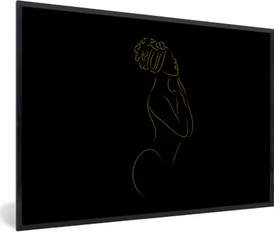 Produktbild von MuchoWow® Gerahmtes Poster Frau - Schwarz und Gold - Strichzeichnung 90x60 cm - Poster mit Schwarzem Bilderrahmen Wandposter Rahmen Foto Bilder - Fotorahmen - Foto-Plakat