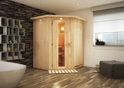 Productafbeelding van Karibu Sauna, binnensauna, hoekmodel, zonder accessoires, 165x165x202 cm, met daklijst en energiebesparende deur