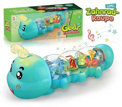 Teal Gear Caterpillar-Spielzeug mit durchsichtigen Segmenten, die bunte Zahnräder und die Buchstaben A, B, Y zeigen, neben seiner grünen Verpackungsbox