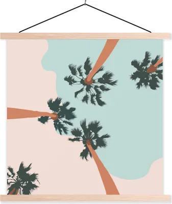 Produktbild von MuchoWow® Textilposter Palmen - Sommer - Blau - Rosa 60x60 cm mit holzfarbenen Rahmen - Wanddekoration