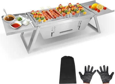 Produktbild von Holzkohlegrill 37 x 22 cm, zusammenklappbar, Edelstahl, mit Tragetasche, für Camping