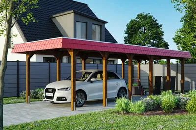 Produktbild von Einzelcarport SKAN HOLZ Spreewald rote Blende inkl. Pfostenanker, EPDM Folie 345 x 893 cm nussbaum