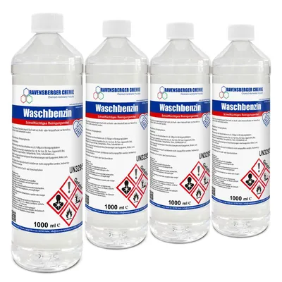 Produktbild von Ravensberger Chemie Waschbenzin Spezialreiniger – stark gegen Fett, Öl, Teer, Kleber, Farbe, Tinte & Wachs – ideal für Kunststoffoberflächen - 4 x 1 L