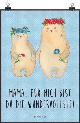 Produktbild von Mr. & Mrs. Panda Bild Bären mit Blumenkranz DIN A2 - Blau Pastell - Geschenk, Mutti, drucke, Kinder, wanddeko, Lieblingsmensch, Posterdruck, Muttertag, Family, Kunstdruck