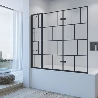 Produktbild von Duschwand für Badewanne Badewannenaufsatz 150x140cm Duschabtrennung kariert 5mm ESG-Sicherheitsglas inkl. NANO Badewannenfaltwand mit Duschablage schwarz