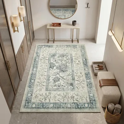 Vintage Blumenteppich, Blau, 120x170 cm, maschinenwaschbar, rutschfest