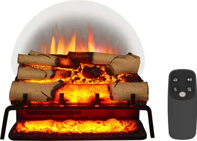 An electric fireplace log set with a remote control, displayed on a white background.