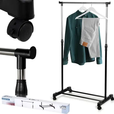 A clothing rack with clothes hanging on it, along with close-up shots of its components and packaging.