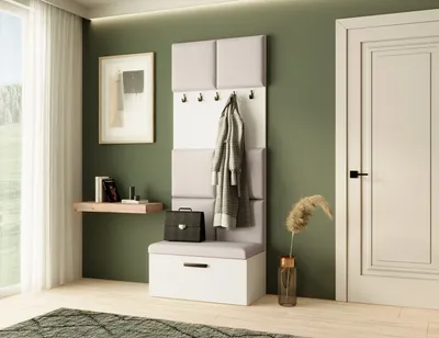 Produktbild von Garderobe MARGARET I, Farbe: Weiß + Hellbeige, mit gepolsterten Paneelen und Kleiderhaken