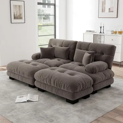 Produktbild von Ecksofa für Wohnzimmer aus Chenille, Polstersofa mit breiten Armlehnen, 2 Ottomans, 2 Lendenkissen & 2 Dekokissen