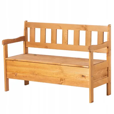 A wooden garden bench with a storage compartment.