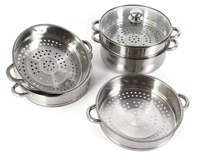 Image de Cuiseur vapeur en acier inoxydable - Casserole 30 cm - Couvercle en verre - Fond 3 couches - Pour toutes les plaques de cuisson, y compris à induction - Blanc