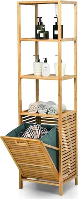 Image de Armoire de salle de bain avec panier à linge - 2 en 1 Armoire haute en bambou - 3 étagères, armoire de rangement étroite - Kaki foncé