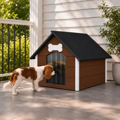 Immagine prodotto di Cuccia per cani QLS, dimensioni L (81x68 cm), isolata, in legno, per esterno, colore marrone e bianco, modello 9124, Immagine generata dall'IA
