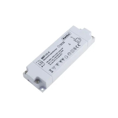 A white electronic transformer for halogen lamps is shown against a white background.
