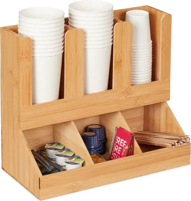 Produktbild von Kaffee Organizer, 6 Fächer, Bambus, HBT: 29,5 x 34,5 x 17 cm, Kaffeestation Milch, Zucker, Kaffeebecher, Natur