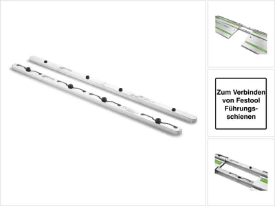 Two silver guide rail connectors with black clips on a white background, with smaller inset images showing the product in use and a text box.