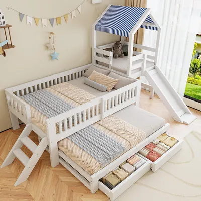 Immagine prodotto di Letto a castello per bambini 90x200 cm con letto a estrazione 90x190 cm, letto a forma di casetta con scivolo e tetto, letto a soppalco in legno con scala e cassetti, colore bianco