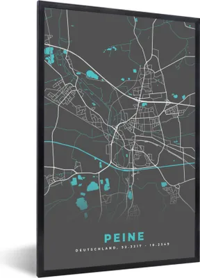 Produktbild von MuchoWow® Gerahmtes Poster Peine - Stadtplan - Blau - Karte - Deutschland 60x90 cm - Poster mit Schwarzem Bilderrahmen Wandposter Rahmen Foto Bilder - Kunst