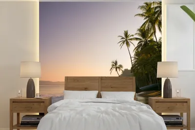 Produktbild von MuchoWow® Fototapete für Wohnzimmer oder Schlafzimmer Wandtapete Vinyl Motivtapete Strand - Sonnenuntergang - Tropisch - 280x280 cm - Hintergrundbild