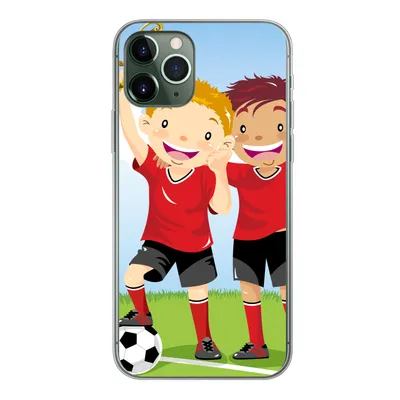 Produktbild von MuchoWow® Handyhülle Schutzhülle Hülle für iPhone 11 Pro Eine Illustration von zwei Fußballspielern, die einen Preis gewonnen haben - Jungen - Mädchen - Kind Silikon Softcase Handy Hülle - Handy