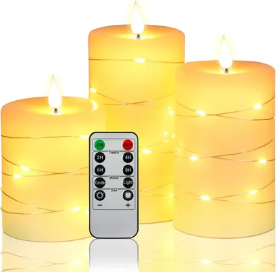Produktbild von LED Kerzen mit Lichterketten - 3er Set mit 10-Tasten-Fernbedienung und 24-Stunden-Timer, tanzende Flamme, echtes Wachs, batteriebetrieben