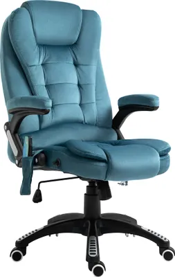 A teal office chair with a headrest and footrest is shown against a white background.