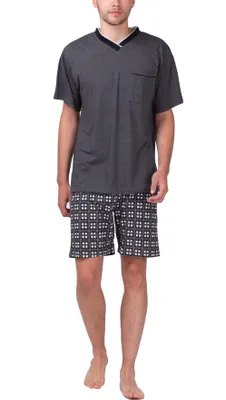 Produktbild von Moonline - Herren Shorty Schlafanzug kurz Pyjama mit karierter Hose aus 100% Baumwolle, Farbe:anthrazit-melange, Größe:54-56