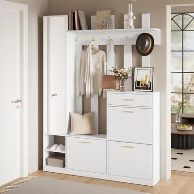 Produktbild von Merax Garderobenset, Wandgarderobe mit Haken, Spiegelschrank, Schuhkipper mit 3 Klappen, Sitzbank und Schublade, Garderobenständer, Flur Möbel, Weiß